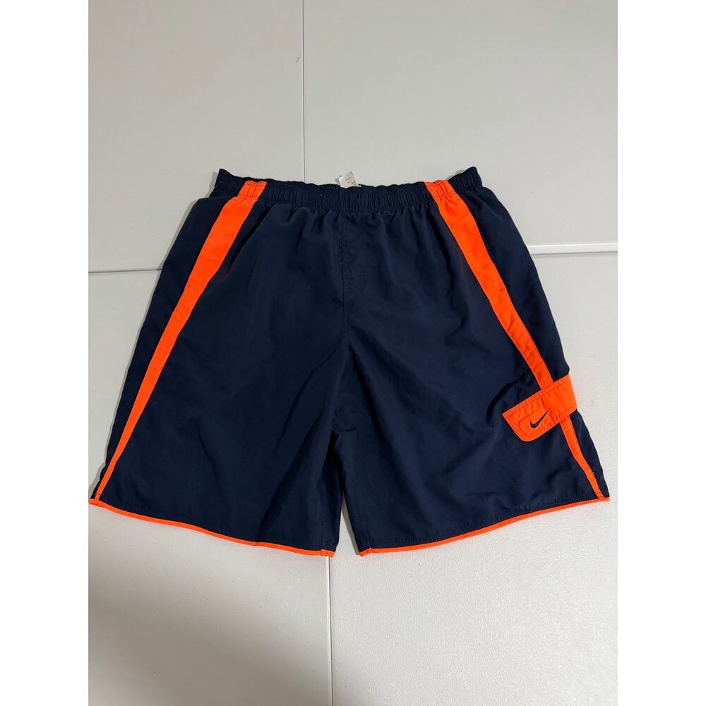 Nike Men's Navy Orange Athletic Shorts Swoosh Logo Side Stripe XXL
